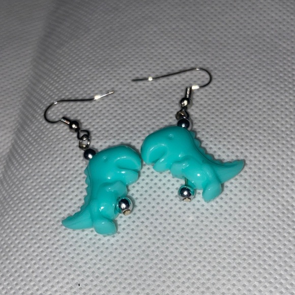 Handmade Jewelry - Playful Teal Dinosaur Earrings